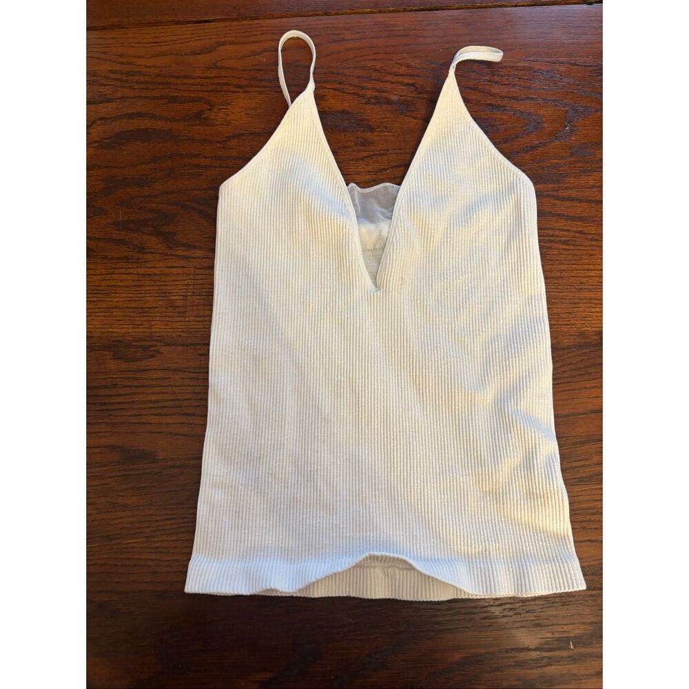 Intimately Free People Ribbed Mesh Detail Tank M/L White Stretchy V Neck - Picture 2 of 5